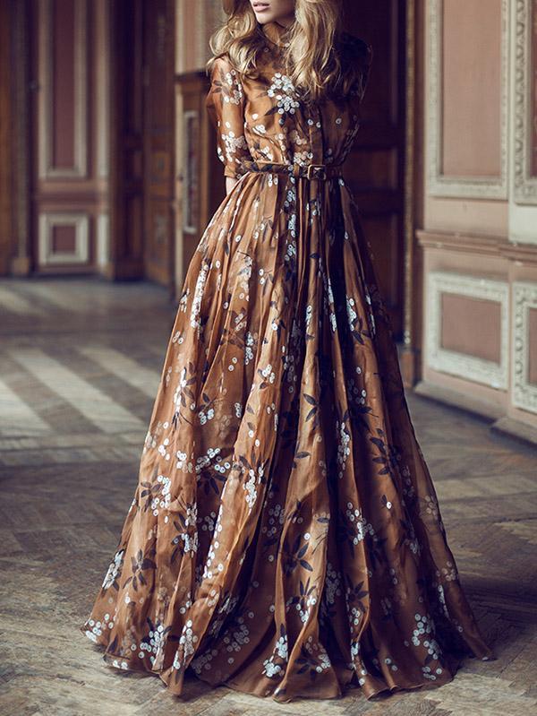 Printed Lapel Collar Belted Maxi Dress