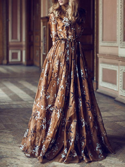 Printed Lapel Collar Belted Maxi Dress
