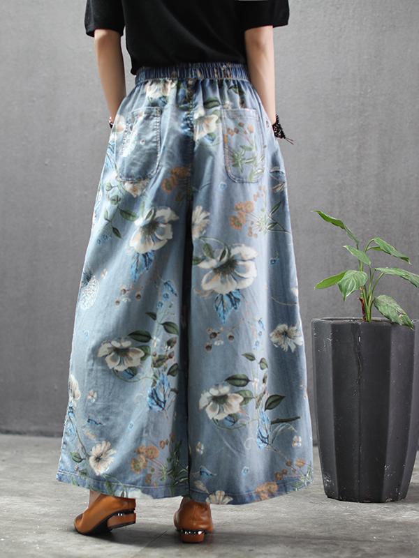 FLOWER PRINT HIGH-WAIST WIDE-LEG JEAN PANTS