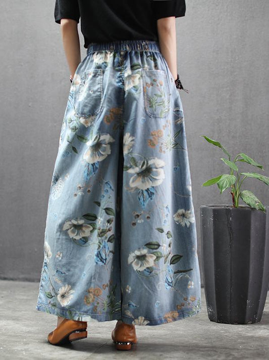 FLOWER PRINT HIGH-WAIST WIDE-LEG JEAN PANTS