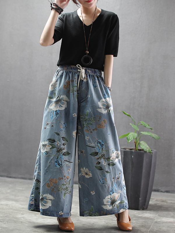FLOWER PRINT HIGH-WAIST WIDE-LEG JEAN PANTS
