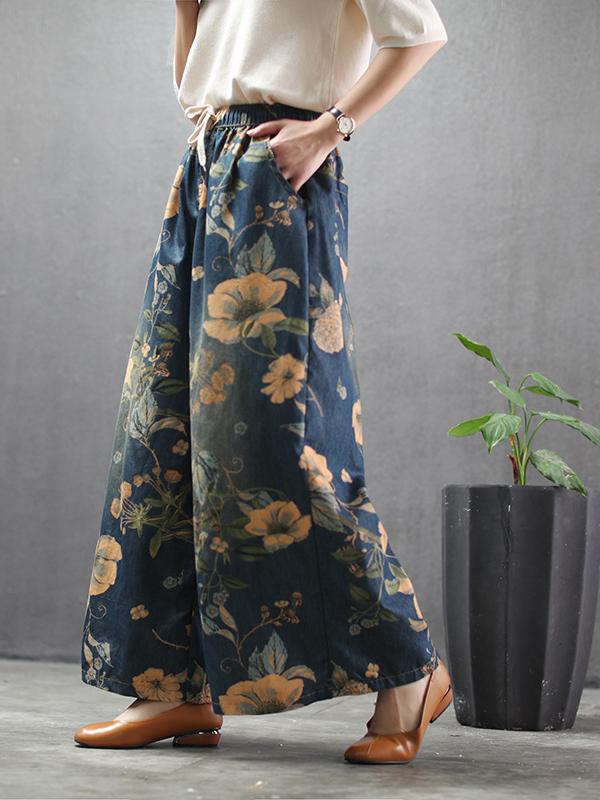 FLOWER PRINT HIGH-WAIST WIDE-LEG JEAN PANTS
