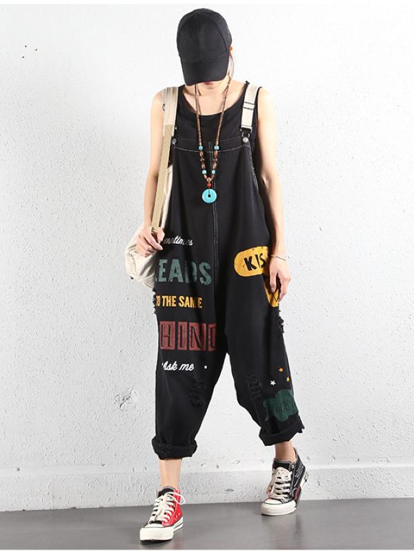 LOOSE LETTER PRINTED DENIM OVERALL JUMPSUITS