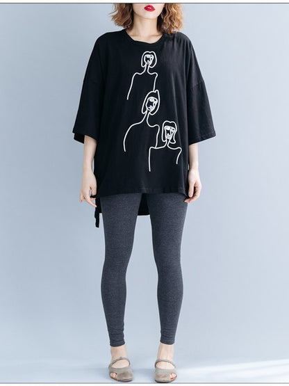EMBROIDERED BLACK&WHITE LOOSE ROUND-NECK T-SHIRT