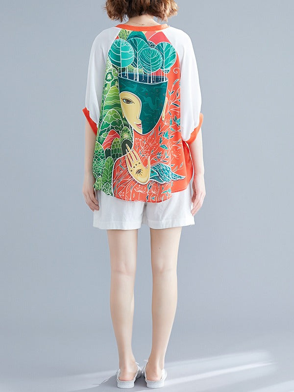 LOOSE CARTOON PRINTED V-NECK T-SHIRTS