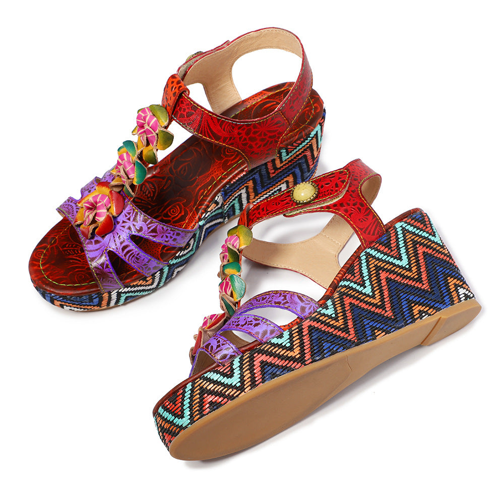 Hand-made rose flower thick-bottomed open-toed slope sandals