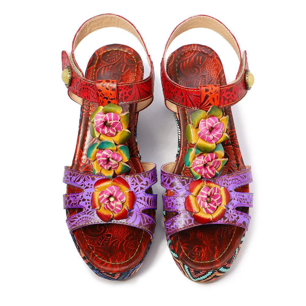 Hand-made rose flower thick-bottomed open-toed slope sandals