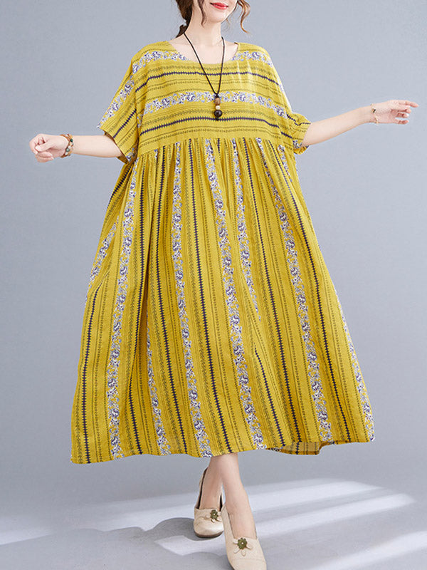 Vintage Striped Printed Round-Neck Short Sleeves Midi Dress