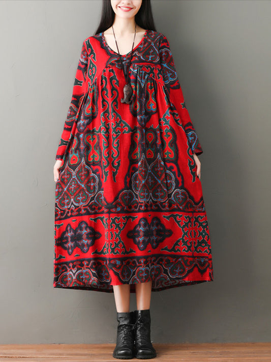 VINTAGE FLORAL RAMIE COTTON V-NECK MAXI DRESS