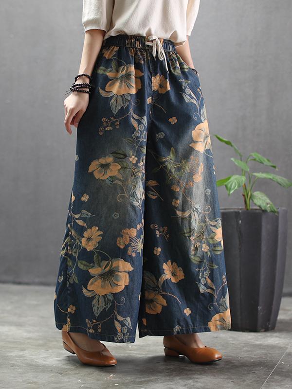FLOWER PRINT HIGH-WAIST WIDE-LEG JEAN PANTS