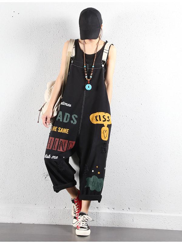 LOOSE LETTER PRINTED DENIM OVERALL JUMPSUITS