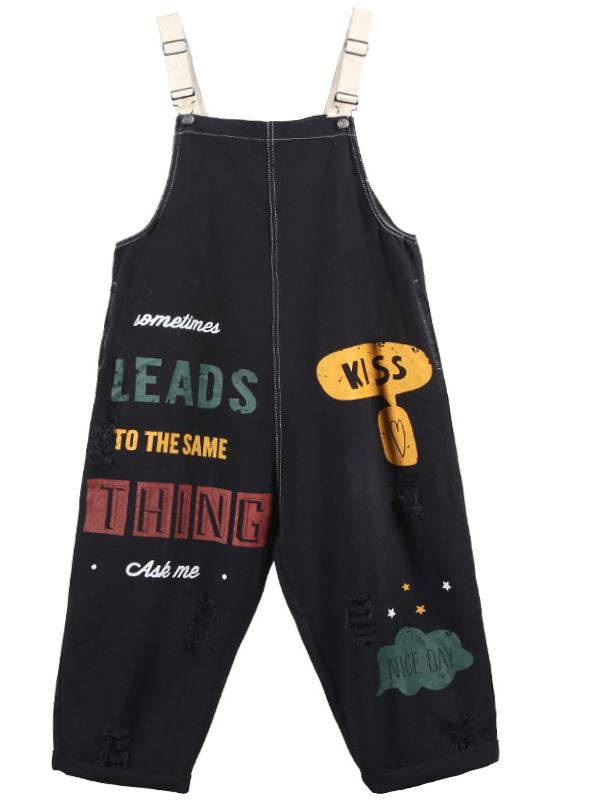 LOOSE LETTER PRINTED DENIM OVERALL JUMPSUITS