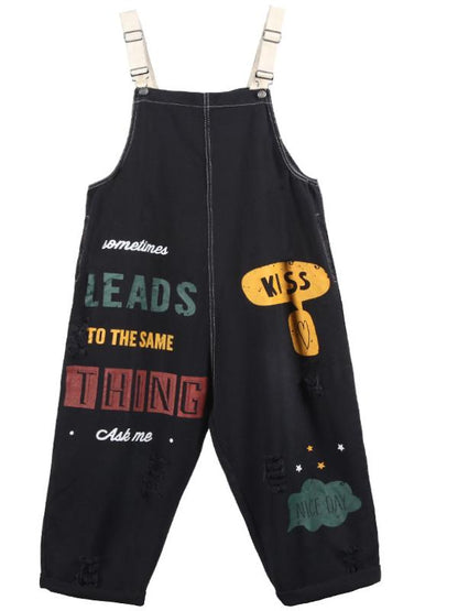 LOOSE LETTER PRINTED DENIM OVERALL JUMPSUITS
