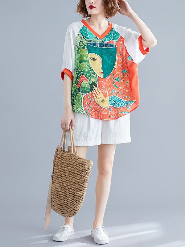 LOOSE CARTOON PRINTED V-NECK T-SHIRTS