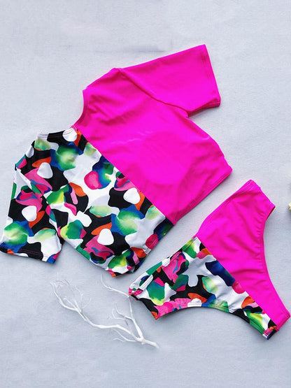Contrast Snakeskin Printing Semi Tankini Swimsuit