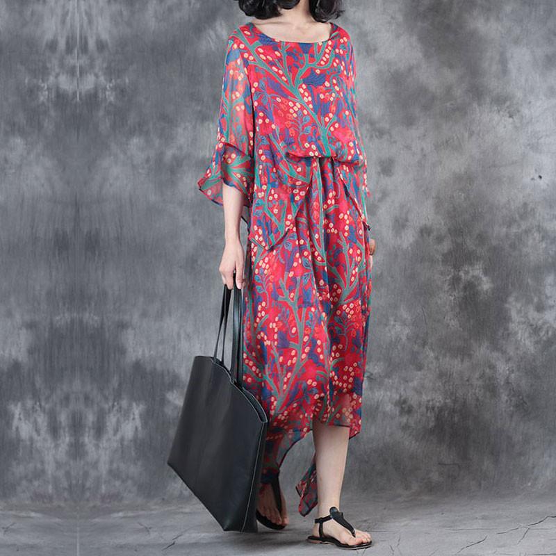 Elegant Printing Irregular Summer Women Red Dress