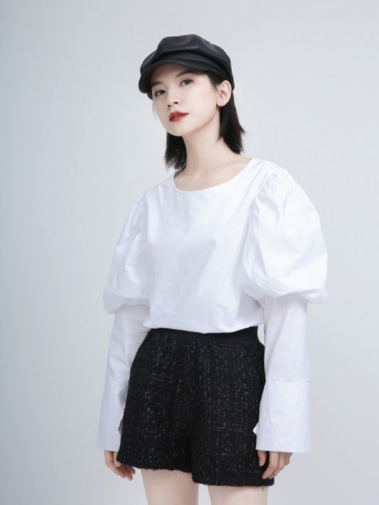 White Puff Sleeve Round Neck Shirt