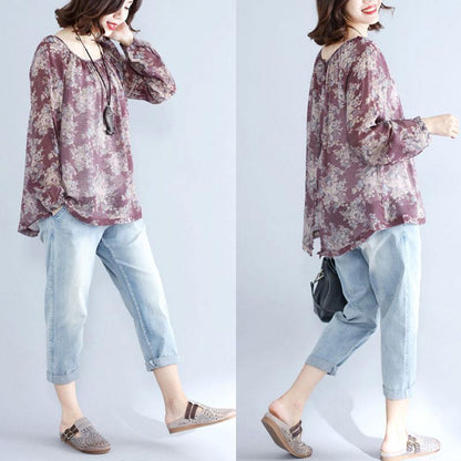 Retro Floral Printed Women Long Sleeve Purple Red Shirt