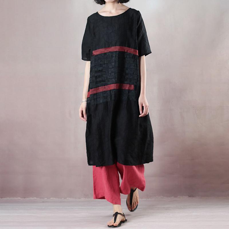 Summer Round Neck Patch Work Stripe Black Dress