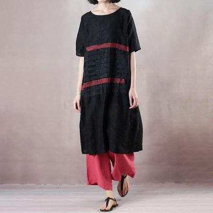 Summer Round Neck Patch Work Stripe Black Dress