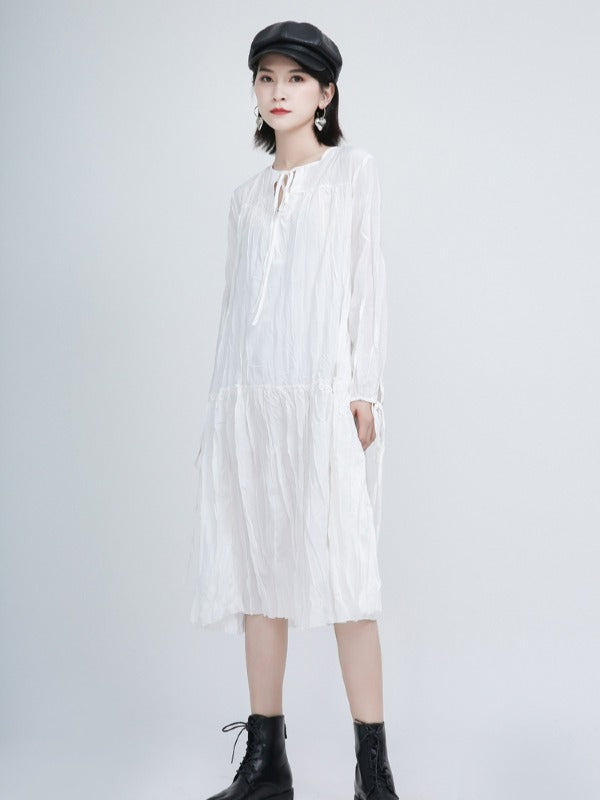 Loose Solid Pleated Lace Up Dress