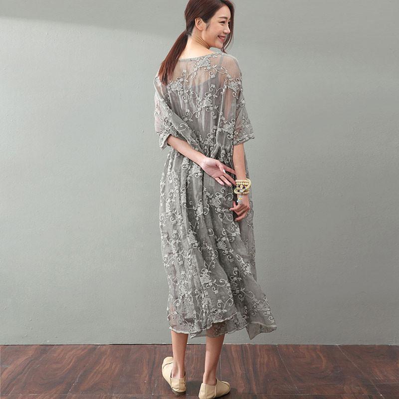 Lacing Women Silk Loose Casual Gray Green Dress