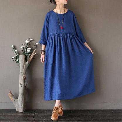 Linen Round Neck Loose High Waist Dark Blue Dress