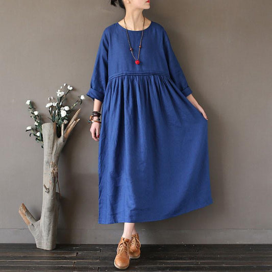 Linen Round Neck Loose High Waist Dark Blue Dress