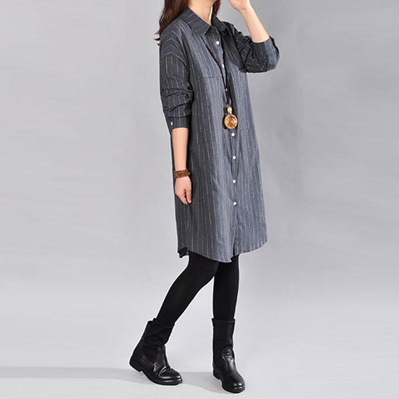 Casual Loose Stripe Cotton Blue Shirt