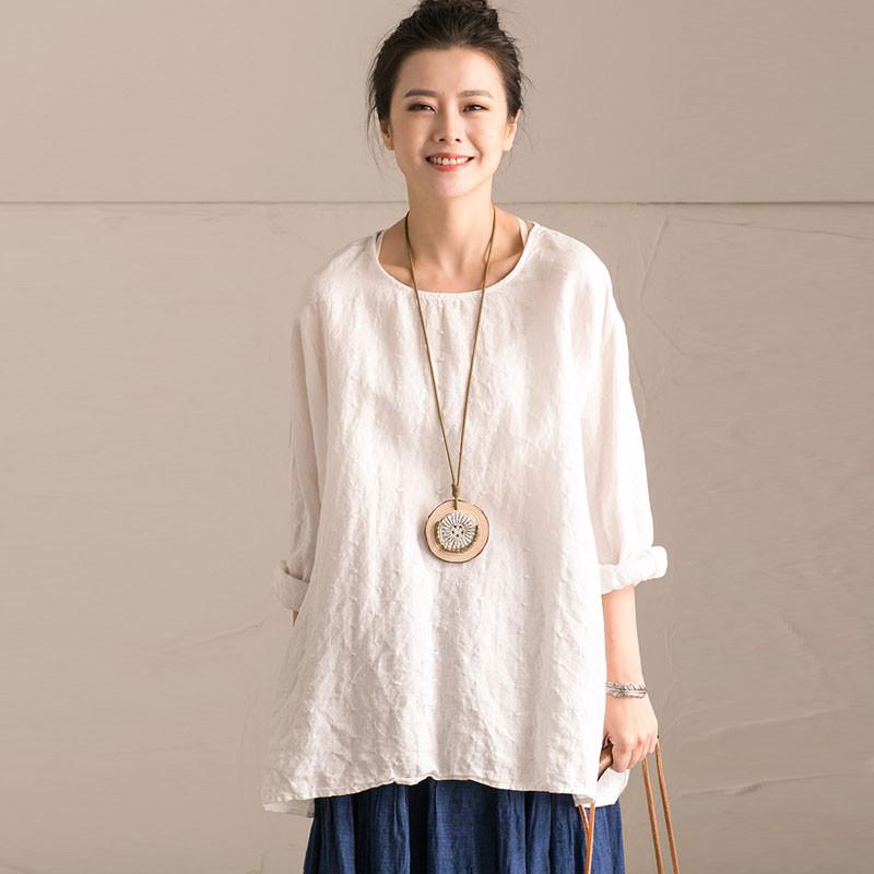 Linen Bat Sleeve Round Neck Loose White Shirt