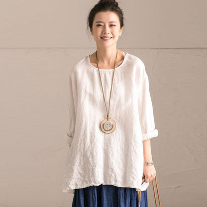 Linen Bat Sleeve Round Neck Loose White Shirt