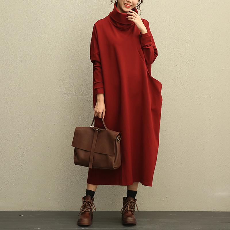 Literature Turtle Neck Long Sleeves Cotton Spandex Red Women Dress