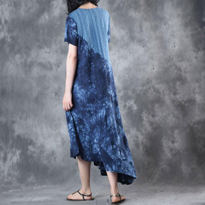 Retro Printing Loose Women Cotton Floral Irregular Splicing Blue Dress