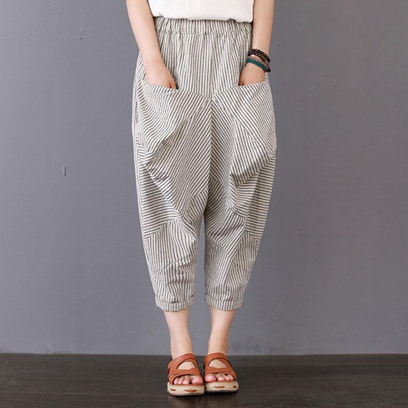 Summer Women Casual Stripe Long Beige Pants