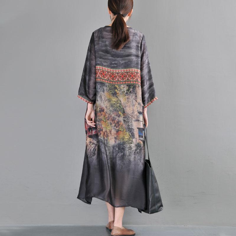 Ethnic Women Loose Round Neck Three Quarter Sleeve Dress