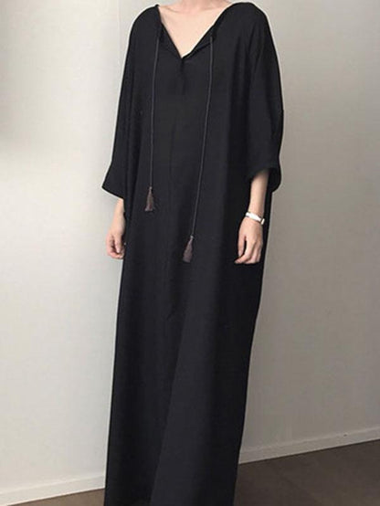 Black Vintage Daily Long Dress with Ropes on the Neck