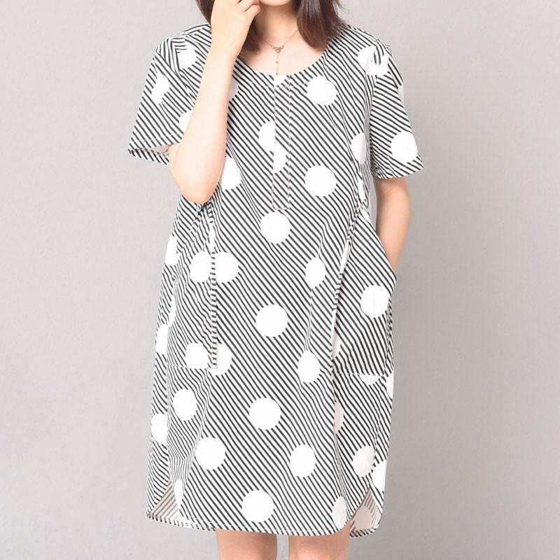 Round Neck Double Pocket Dot Women Black Stripe Dress