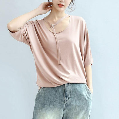Modal Summer Women Loose Casual Plain Light Pink Shirt