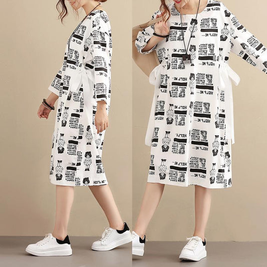 Stylish Exotic Printing Women Cotton Long Sleeves White Dress