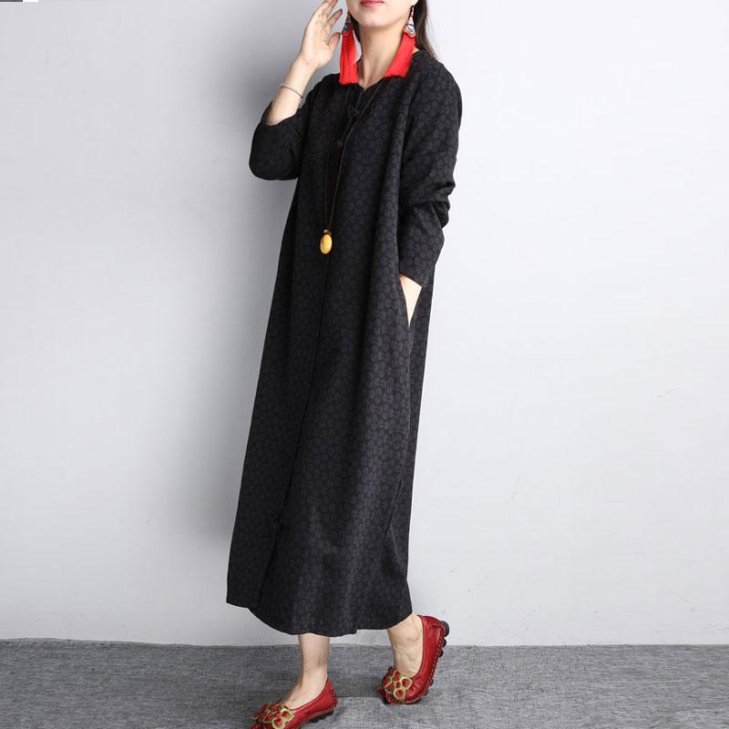 Cotton Linen Jacquard V Neck Long Sleeves Black Autumn Winter Dress For Women