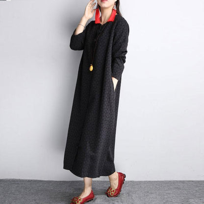 Cotton Linen Jacquard V Neck Long Sleeves Black Autumn Winter Dress For Women