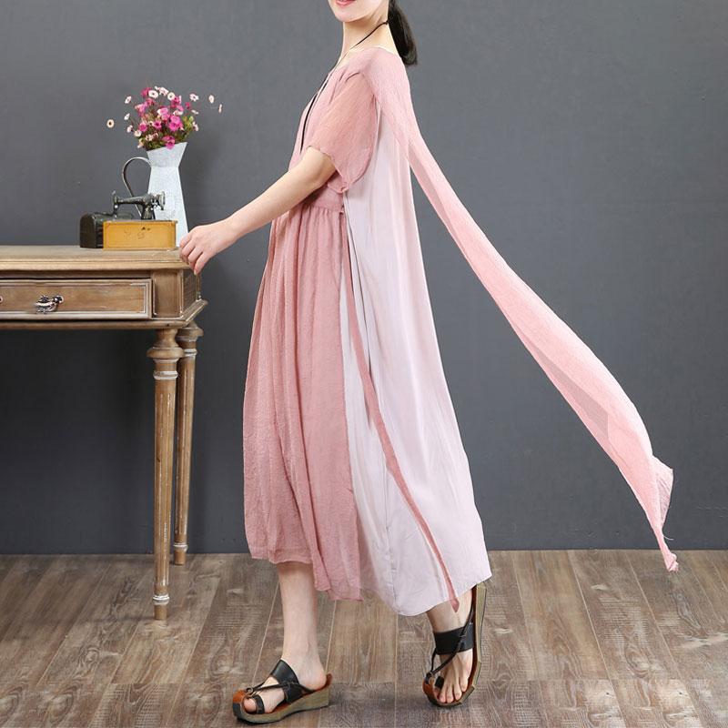 Round Neck Casual Summer Short Sleeve Pink Loose Dress