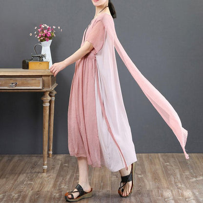 Round Neck Casual Summer Short Sleeve Pink Loose Dress