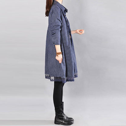 Loose Cotton Printing Lace Hem Blue Dress