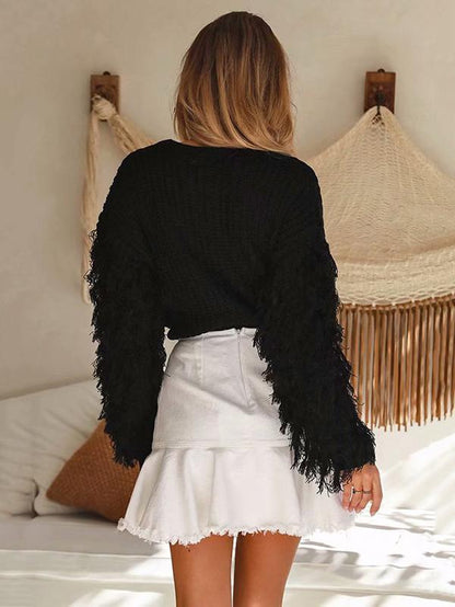 Round-neck Long Sleeves Tasseles Sweater Tops