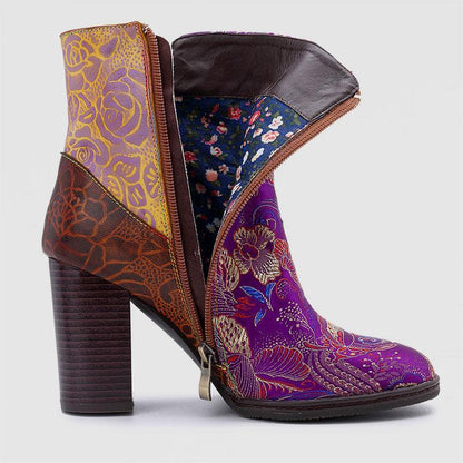 Retro Vintage Printed Leather Block High Heels Ankle Boots
