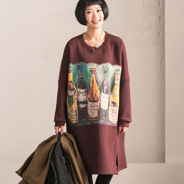 Women Cotton Casual Loose Long Sleeve Printed Black Dress