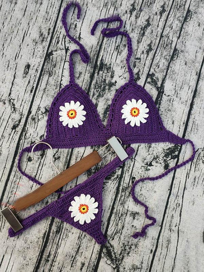 Crochet Floral Split Bikini Swimsuit