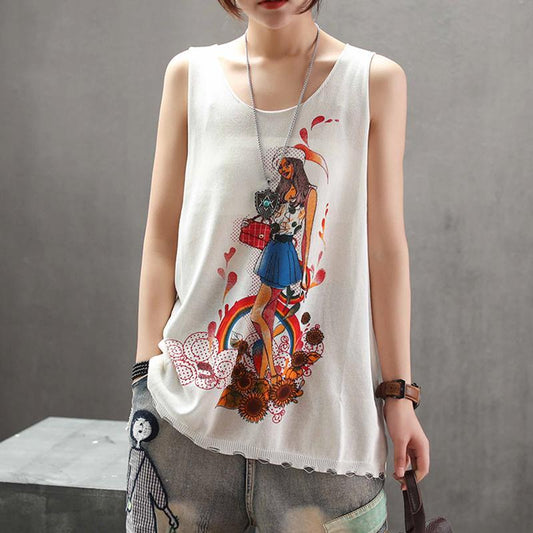 Casual Print Linen Loose Sleeveless Top