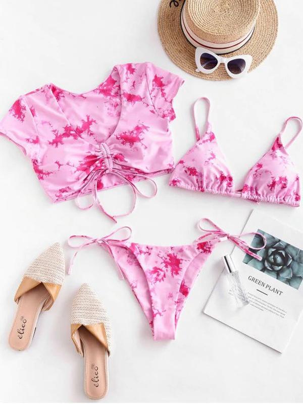 Tie-Dyed Short Sleeve & Triangle Three-Piece Split Bikini Swimsuit